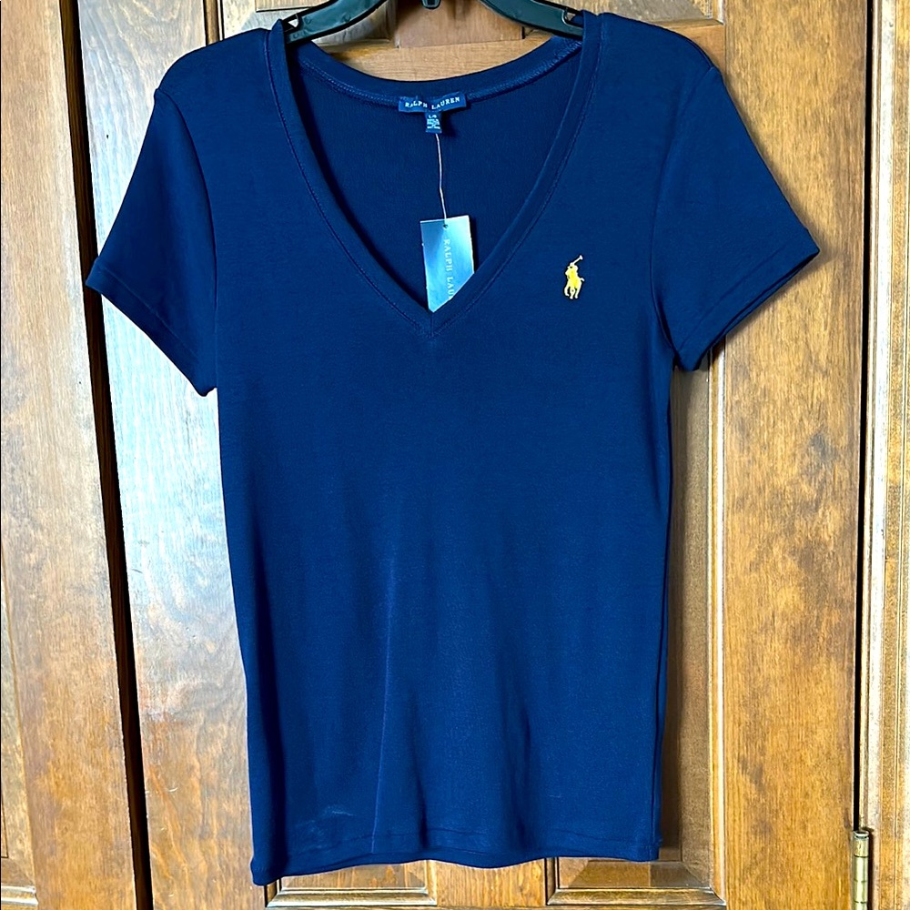 NWT Ralph Lauren Navy/Yellow V Neck Fitted Short Sleeve Tee. women’s large